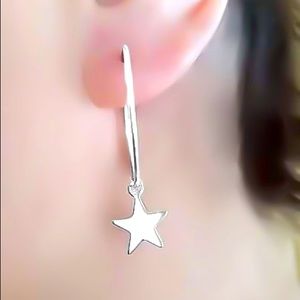 925 Sterling Silver Star Charm Classic Wire Hoop Earrings 1/2”, 3/4”, & 1” Sizes